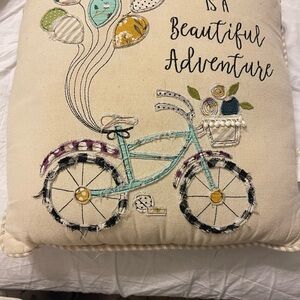 Charming Bicycle Embroidered Pillow - Cream and Multicolor